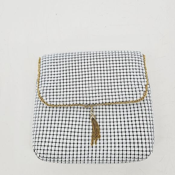 60's Vintage White Metal Mesh Gold Accent Shimmer Crossbody Clutch Evening Bag - Picture 2 of 10